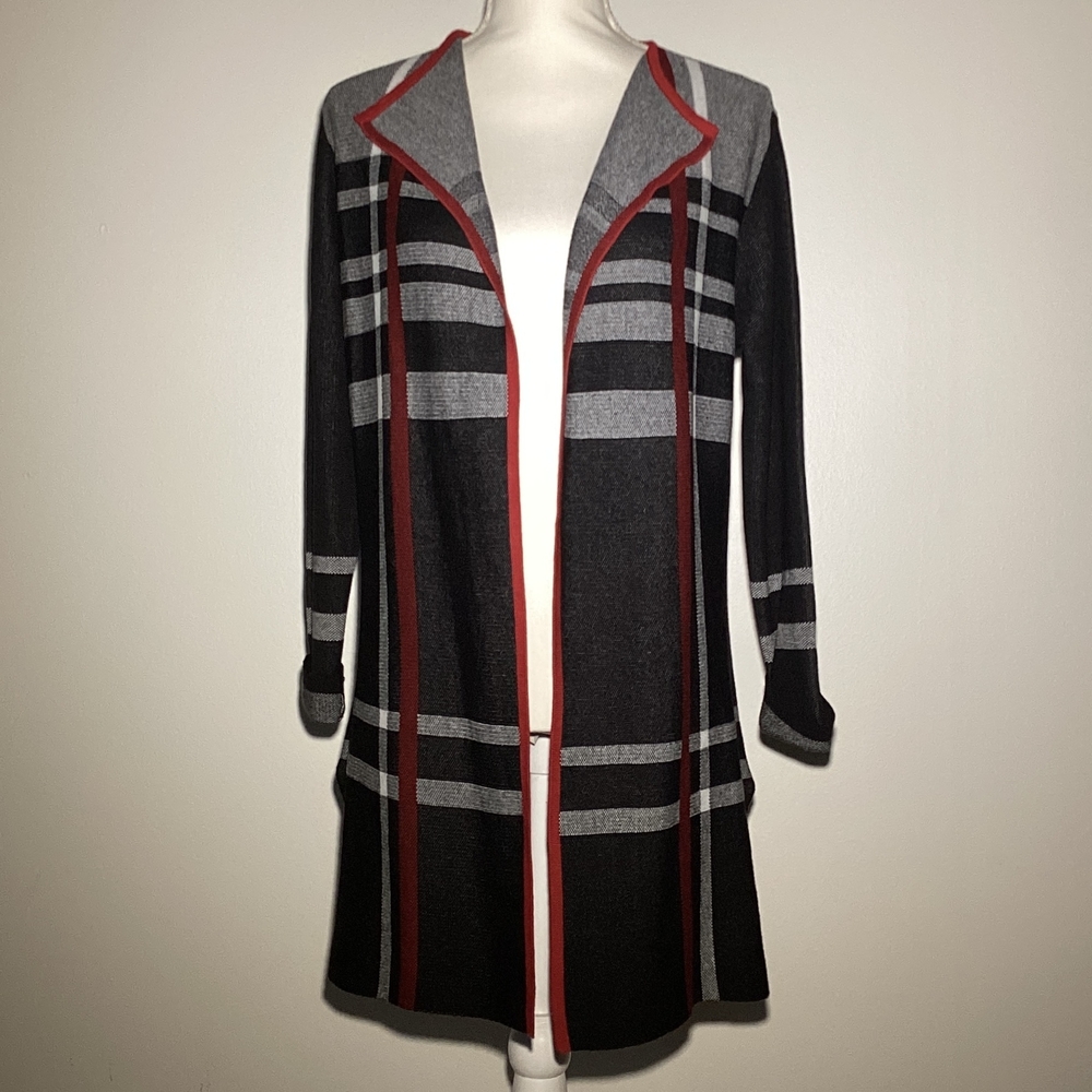 Anne Klein Black and Gray Cardigan with Red Accents